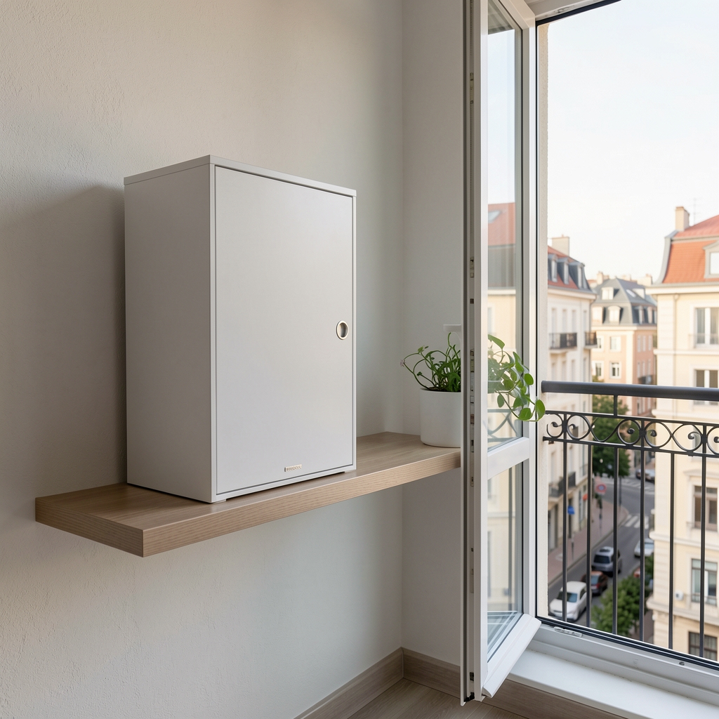 Netatmo Smart Weather Station унутрашња и спољашња бела јединица постављене на зидну полицу и споља на балконску ограду у граду